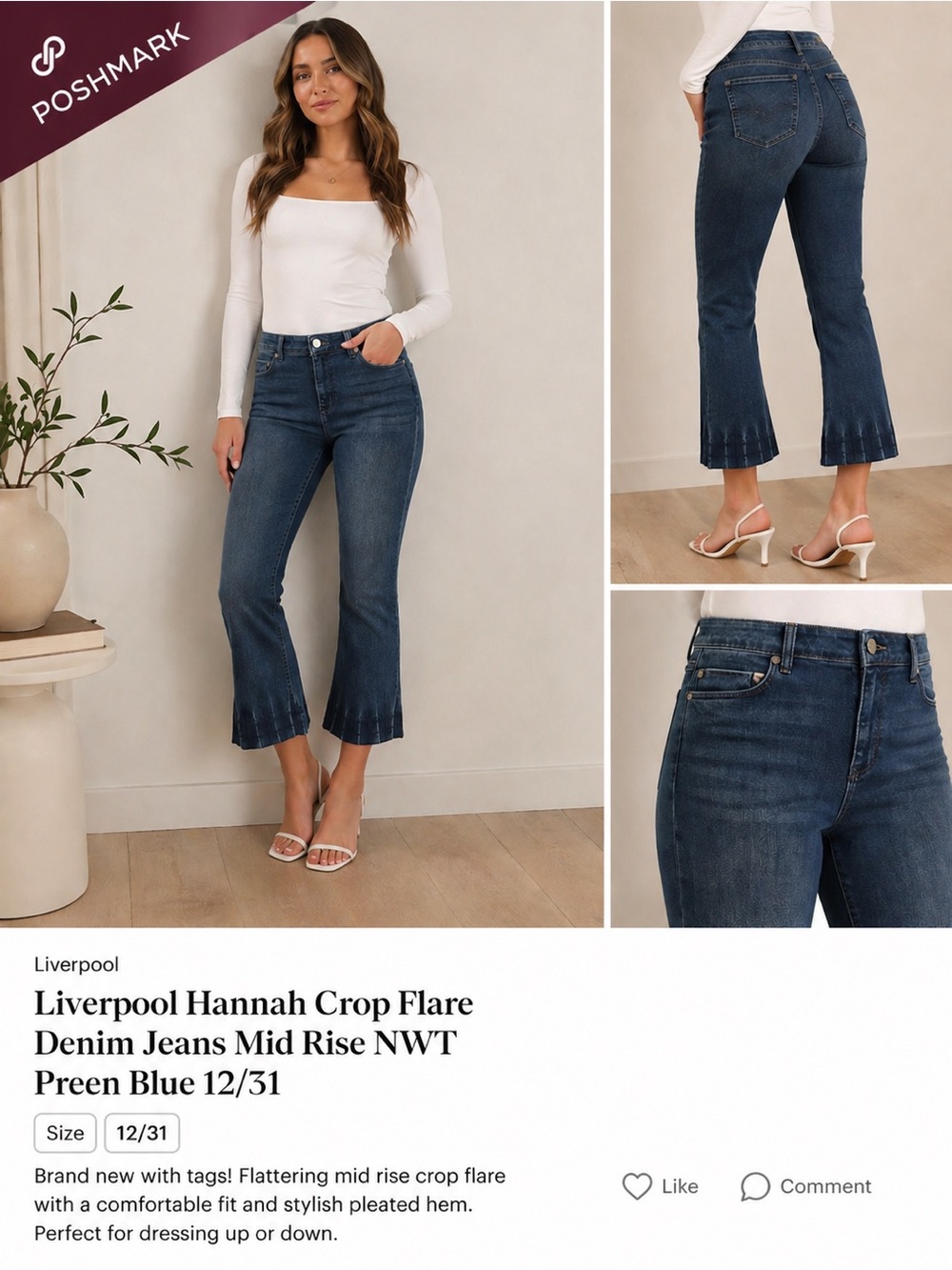 Liverpool Hannah Crop Flare Denim Jeans Mid Rise NWT Preen Blue 12/31